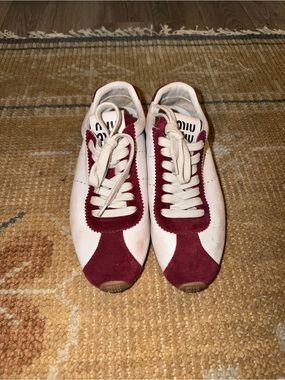 Miu Miu Plume White & Burgundy Leather Sneakers
